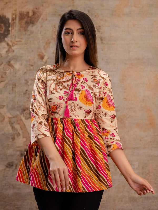 Floral Print Tie-Up Neck Peplum Top