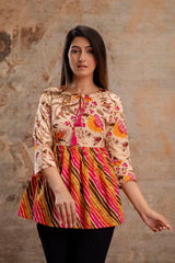 Floral Print Tie-Up Neck Peplum Top