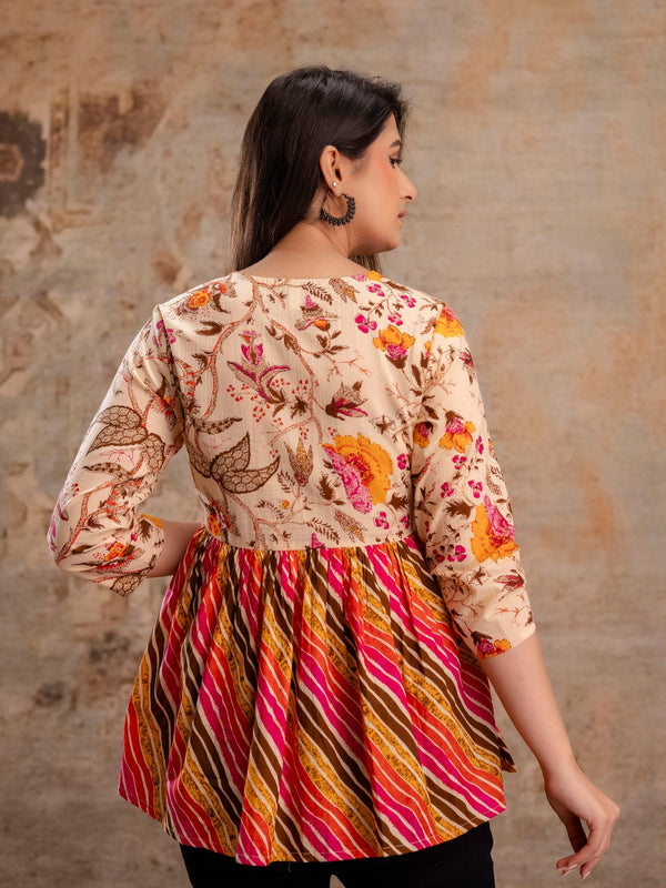 Floral Print Tie-Up Neck Peplum Top