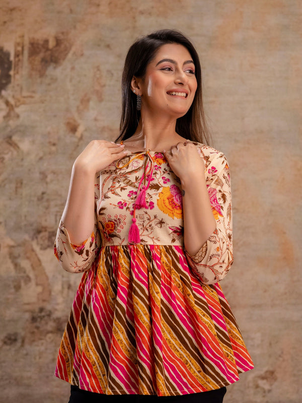 Floral Print Tie-Up Neck Peplum Top