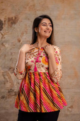 Floral Print Tie-Up Neck Peplum Top