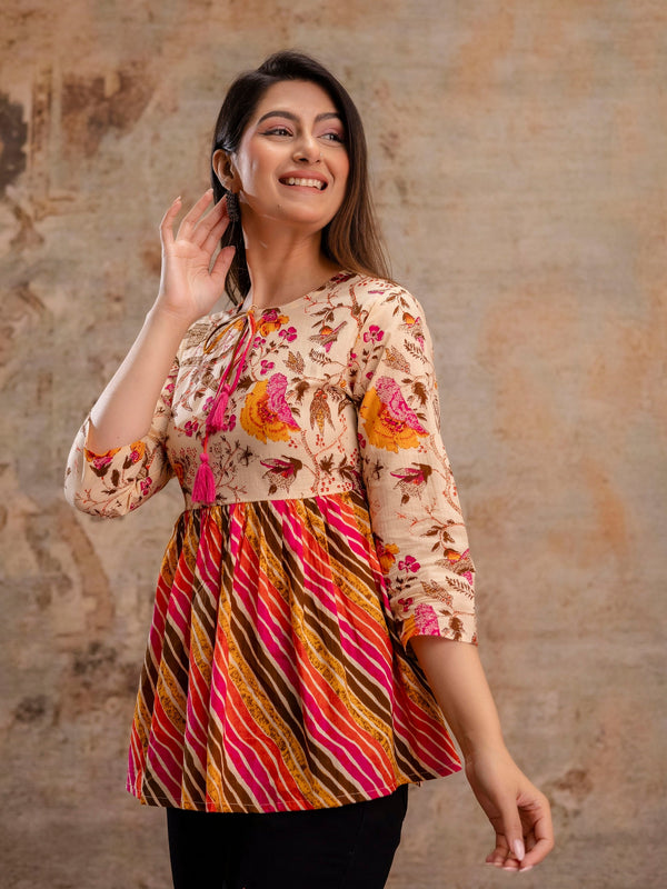 Floral Print Tie-Up Neck Peplum Top