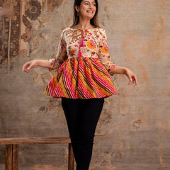 Floral Print Tie-Up Neck Peplum Top