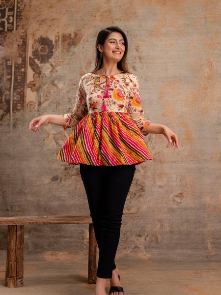 Floral Print Tie-Up Neck Peplum Top