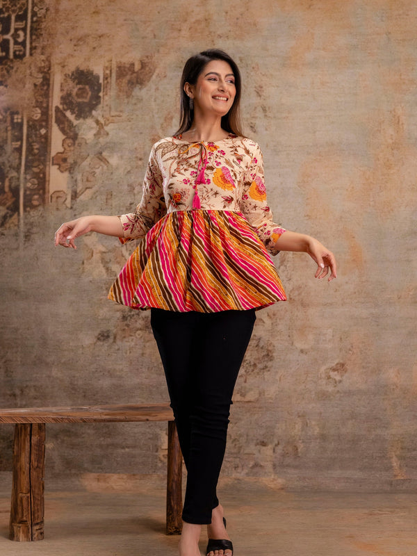 Floral Print Tie-Up Neck Peplum Top