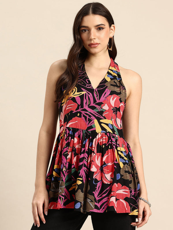 Floral Print Peplum Longline Top
