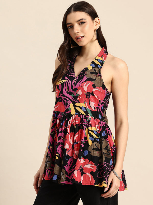 Floral Print Peplum Longline Top
