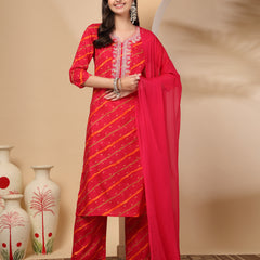 Women's Leheriya Printed Thread Work Kurta and Palazzos With Dupatta Set