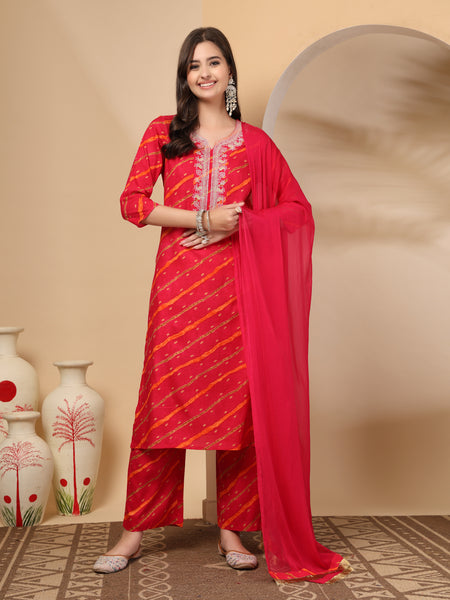 Women's Leheriya Printed Thread Work Kurta and Palazzos With Dupatta Set