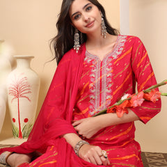 Women's Leheriya Printed Thread Work Kurta and Palazzos With Dupatta Set