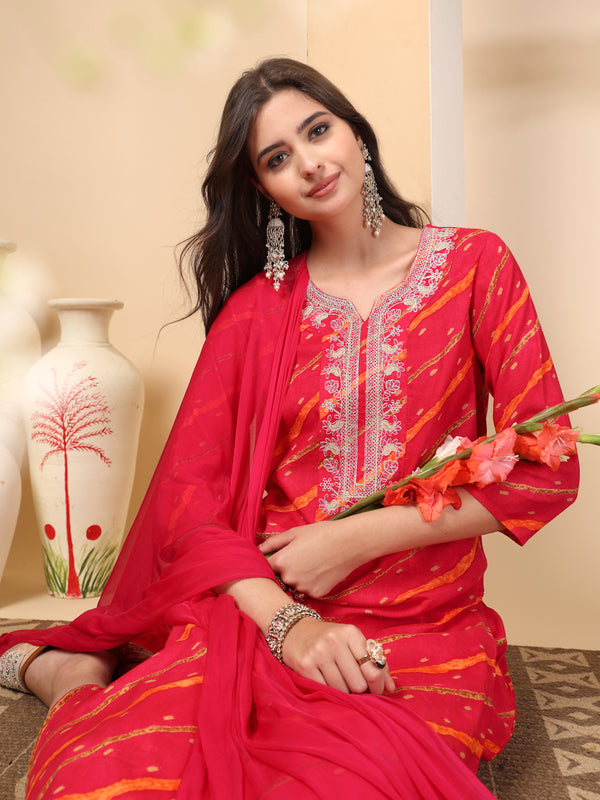 Women's Leheriya Printed Thread Work Kurta and Palazzos With Dupatta Set