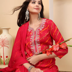 Women's Leheriya Printed Thread Work Kurta and Palazzos With Dupatta Set