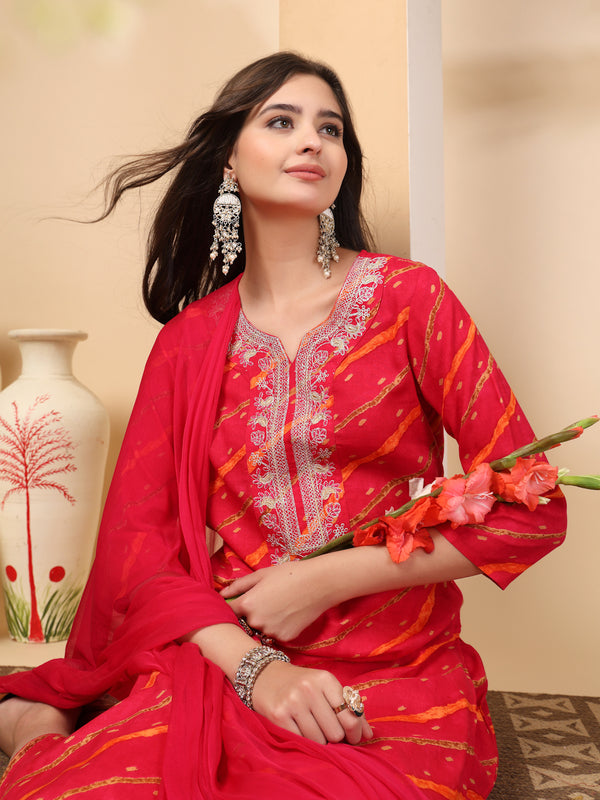 Women's Leheriya Printed Thread Work Kurta and Palazzos With Dupatta Set