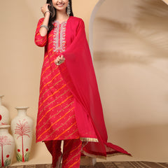 Women's Leheriya Printed Thread Work Kurta and Palazzos With Dupatta Set