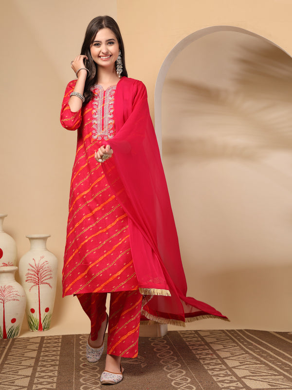 Women's Leheriya Printed Thread Work Kurta and Palazzos With Dupatta Set
