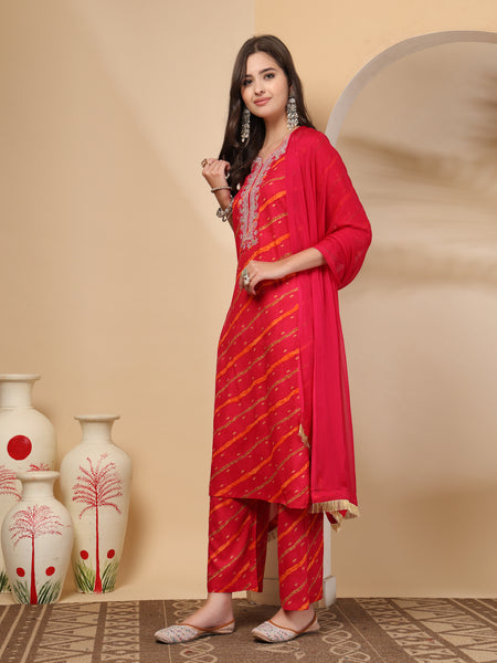 Women's Leheriya Printed Thread Work Kurta and Palazzos With Dupatta Set