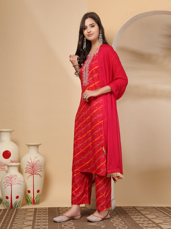 Women's Leheriya Printed Thread Work Kurta and Palazzos With Dupatta Set