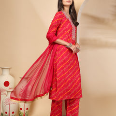 Women's Leheriya Printed Thread Work Kurta and Palazzos With Dupatta Set