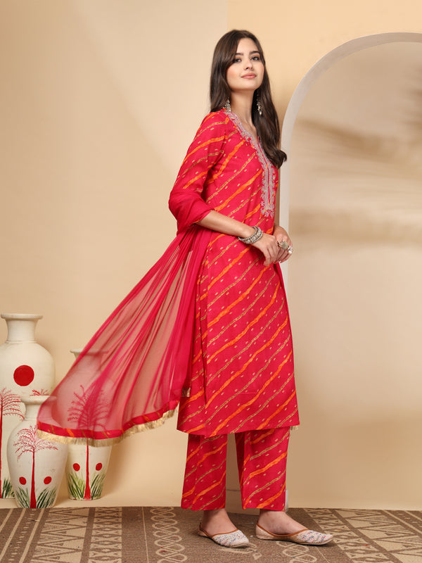 Women's Leheriya Printed Thread Work Kurta and Palazzos With Dupatta Set