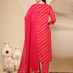 Women's Leheriya Printed Thread Work Kurta and Palazzos With Dupatta Set