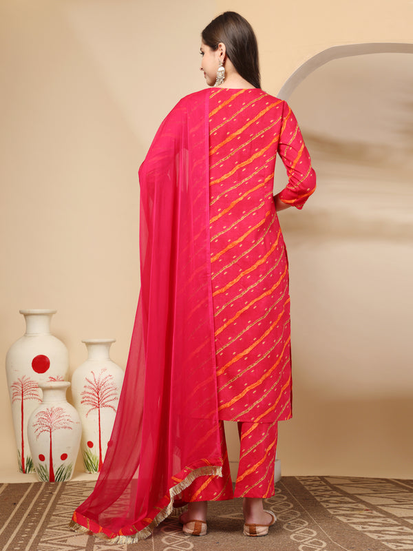 Women's Leheriya Printed Thread Work Kurta and Palazzos With Dupatta Set