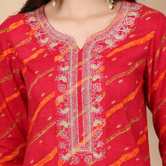 Women's Leheriya Printed Thread Work Kurta and Palazzos With Dupatta Set