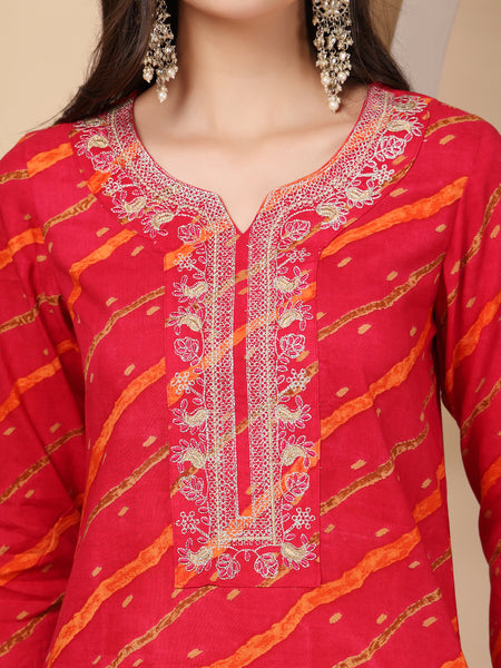 Women's Leheriya Printed Thread Work Kurta and Palazzos With Dupatta Set