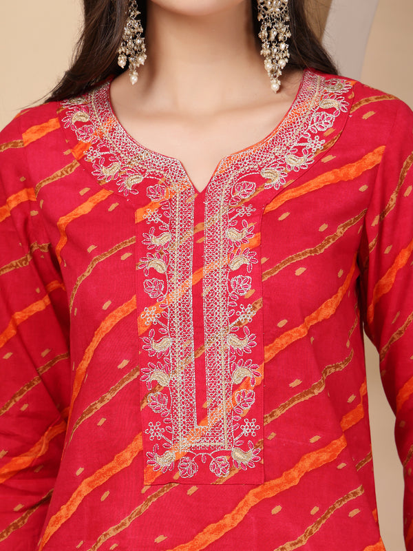 Women's Leheriya Printed Thread Work Kurta and Palazzos With Dupatta Set