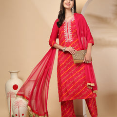 Women's Leheriya Printed Thread Work Kurta and Palazzos With Dupatta Set