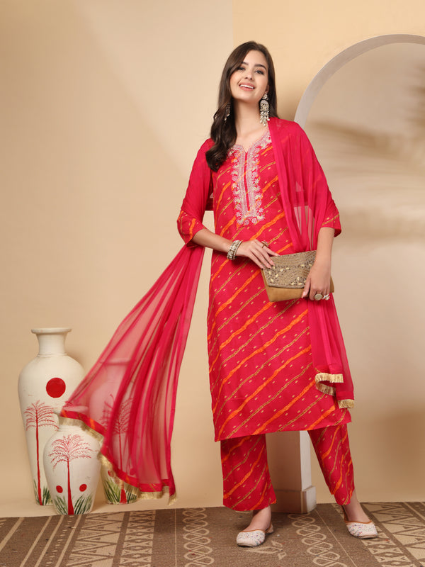 Women's Leheriya Printed Thread Work Kurta and Palazzos With Dupatta Set
