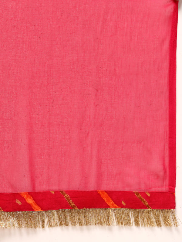 Women's Leheriya Printed Thread Work Kurta and Palazzos With Dupatta Set