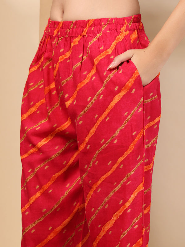 Women's Leheriya Printed Thread Work Kurta and Palazzos With Dupatta Set