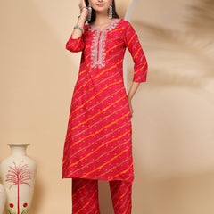 Women's Leheriya Printed Thread Work Kurta and Palazzos With Dupatta Set