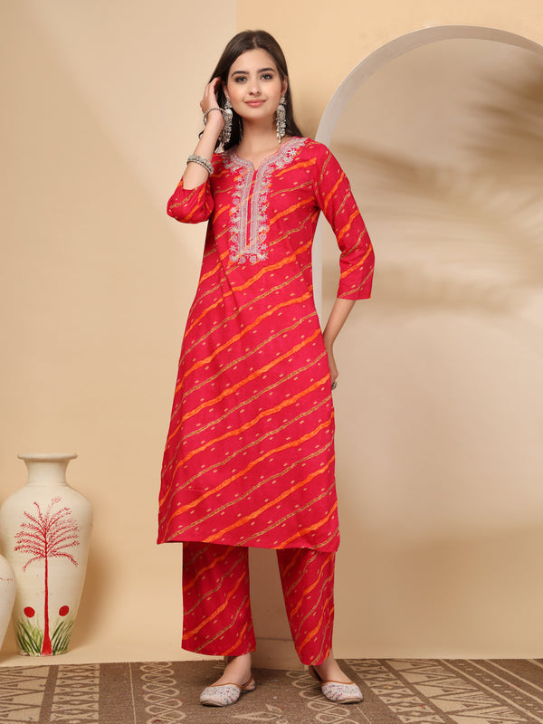 Women's Leheriya Printed Thread Work Kurta and Palazzos With Dupatta Set