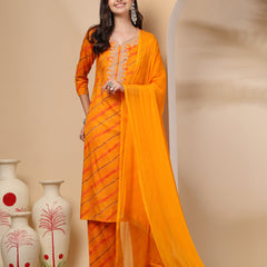 Women's Leheriya Printed Thread Work Kurta and Palazzos With Dupatta Set