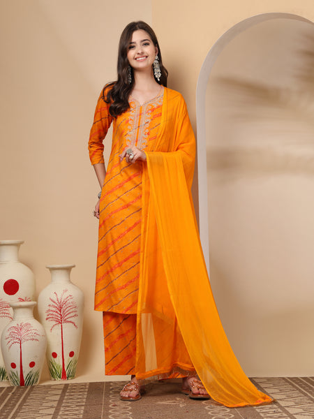Women's Leheriya Printed Thread Work Kurta and Palazzos With Dupatta Set