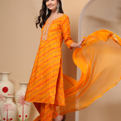 Women's Leheriya Printed Thread Work Kurta and Palazzos With Dupatta Set