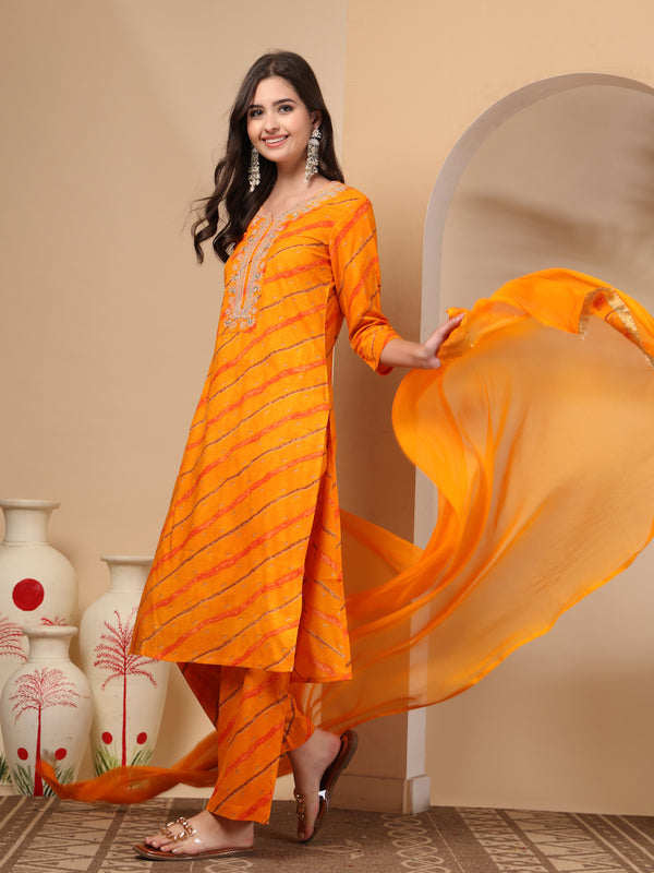 Women's Leheriya Printed Thread Work Kurta and Palazzos With Dupatta Set