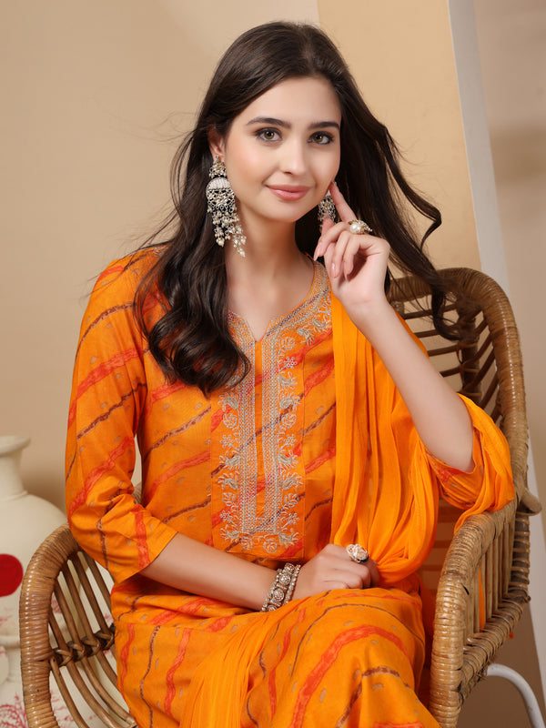 Women's Leheriya Printed Thread Work Kurta and Palazzos With Dupatta Set