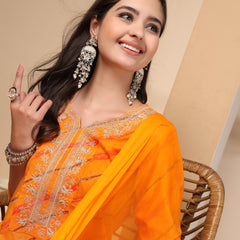 Women's Leheriya Printed Thread Work Kurta and Palazzos With Dupatta Set