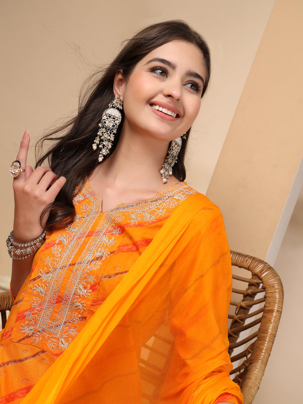 Women's Leheriya Printed Thread Work Kurta and Palazzos With Dupatta Set