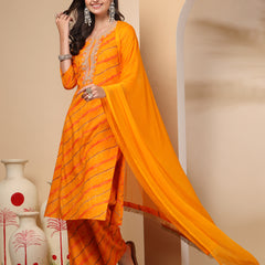 Women's Leheriya Printed Thread Work Kurta and Palazzos With Dupatta Set