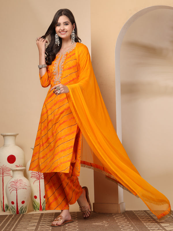 Women's Leheriya Printed Thread Work Kurta and Palazzos With Dupatta Set