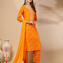 Women's Leheriya Printed Thread Work Kurta and Palazzos With Dupatta Set