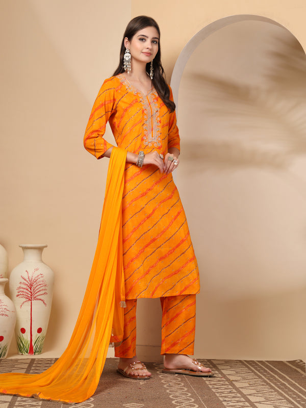Women's Leheriya Printed Thread Work Kurta and Palazzos With Dupatta Set