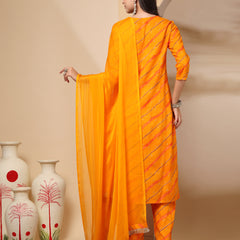 Women's Leheriya Printed Thread Work Kurta and Palazzos With Dupatta Set