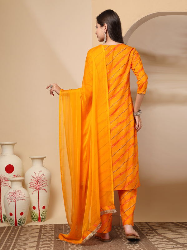 Women's Leheriya Printed Thread Work Kurta and Palazzos With Dupatta Set