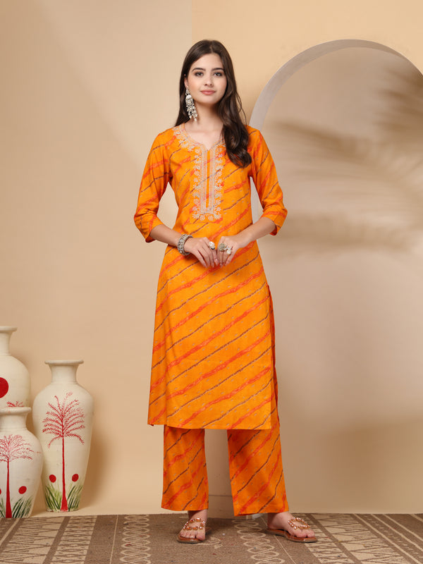 Women's Leheriya Printed Thread Work Kurta and Palazzos With Dupatta Set
