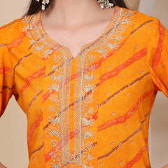 Women's Leheriya Printed Thread Work Kurta and Palazzos With Dupatta Set