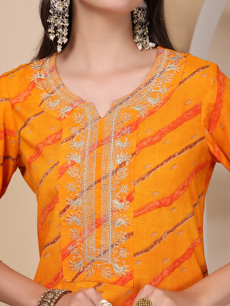 Women's Leheriya Printed Thread Work Kurta and Palazzos With Dupatta Set